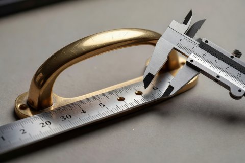 Close-up of a steel ruler measuring 96mm center-to-center screw holes on the back of a solid brass drawer pull