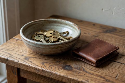 Close-up of a stoneware dish holding brass house keys and a leather wallet on an oak console