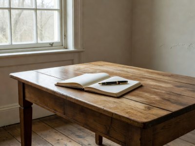 Wooden writing desk positioned perpendicular to a sash window casting even side daylight across a notebook